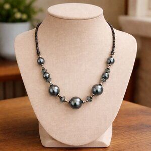Gray Faux Pearl Seed Bead Necklace Smoky Faceted Beads Silver Tone Spacers 25 in